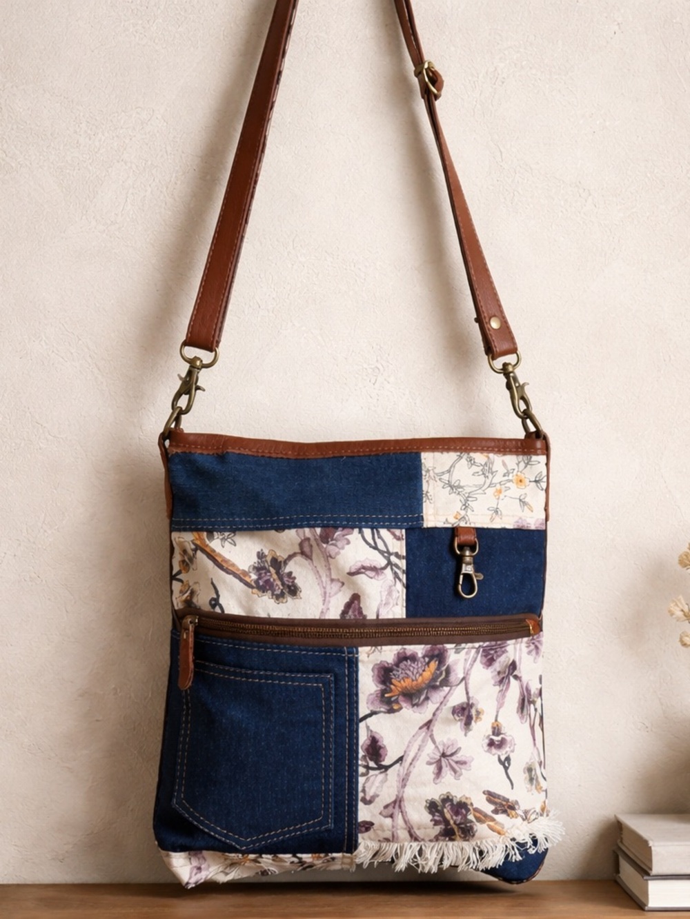 Western Floral 90’s Trend Patchwork Denim Crossbody with Brown Strap